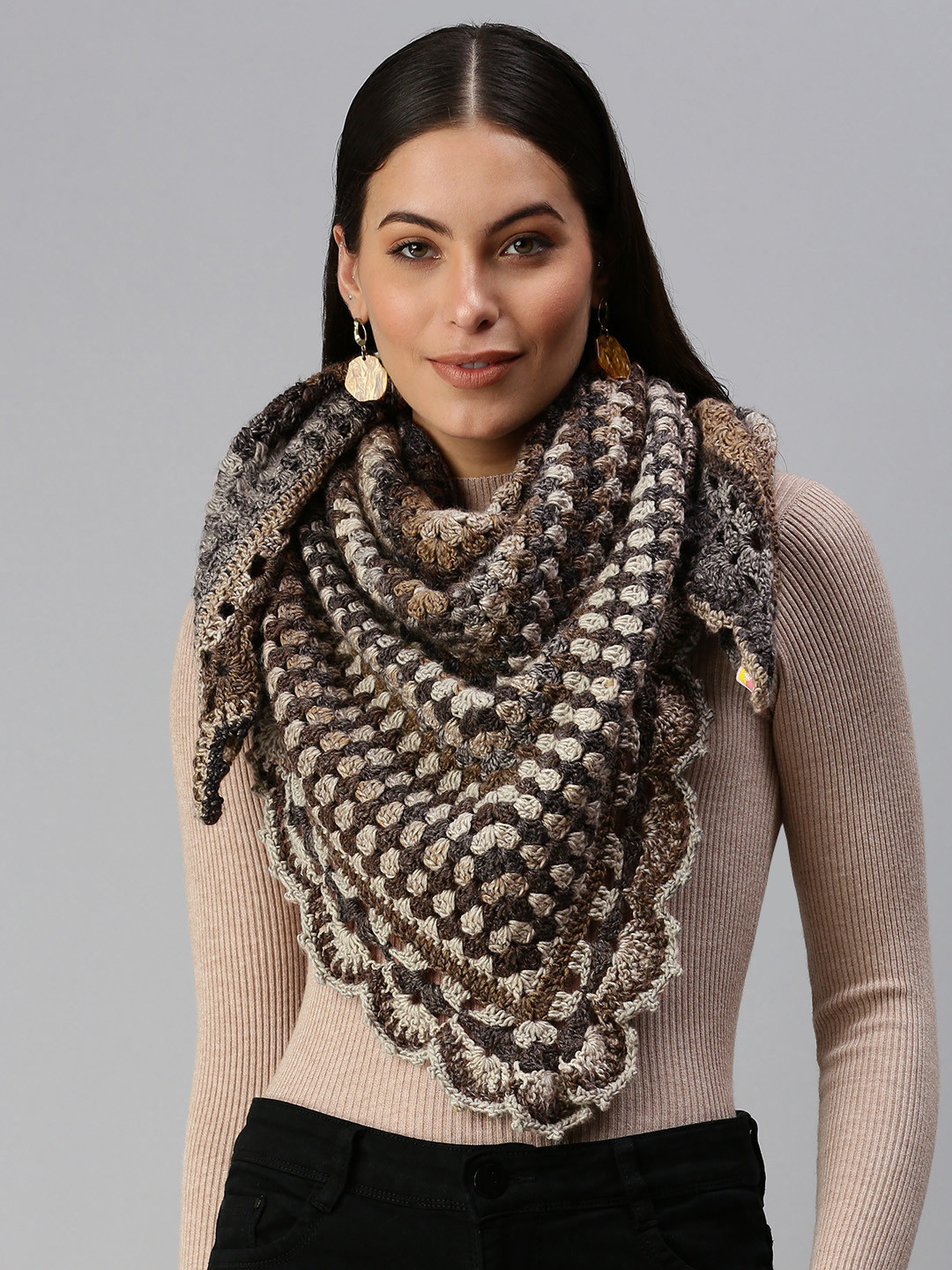 Magic Needles Women Coffee Brown & Grey Striped Handmade Poncho