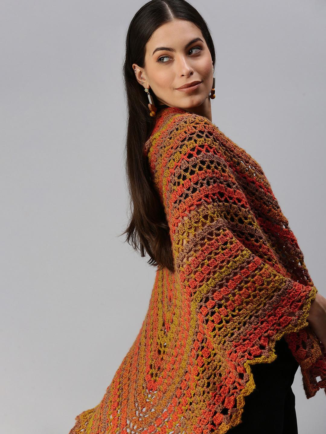 Magic Needles Women Orange & Green Striped Longline Handmade Poncho