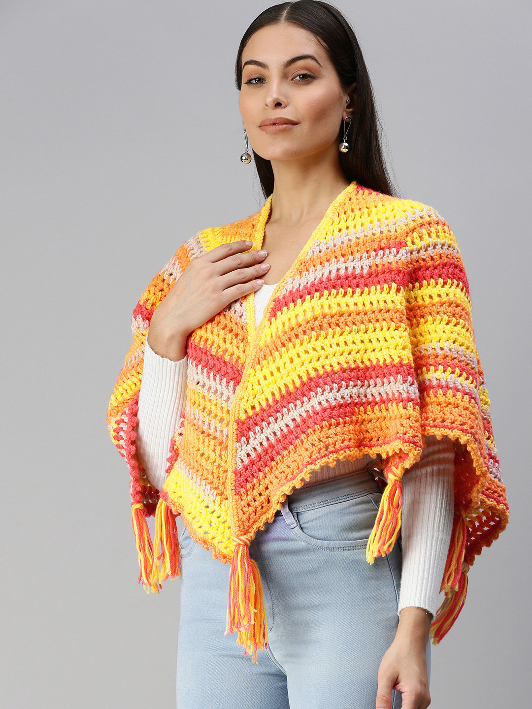 Magic Needles Women Yellow & Orange Striped Handmade Poncho