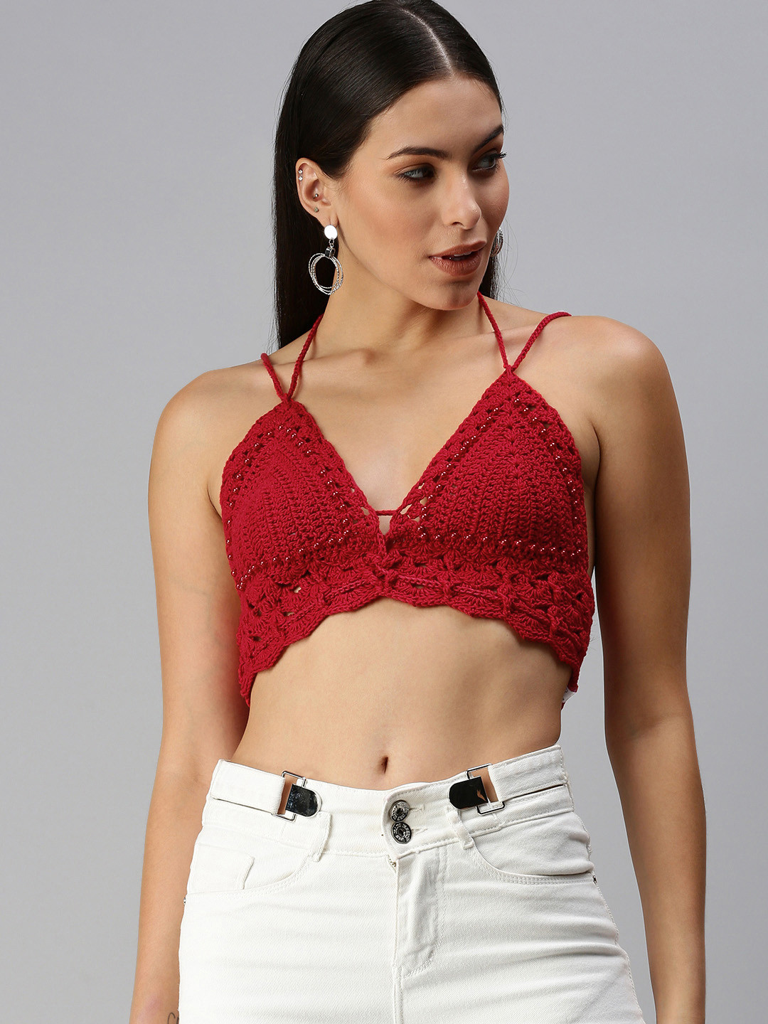 Magic Needles Maroon Woven Design Cotton Halter Neck Bralette Crop Top
