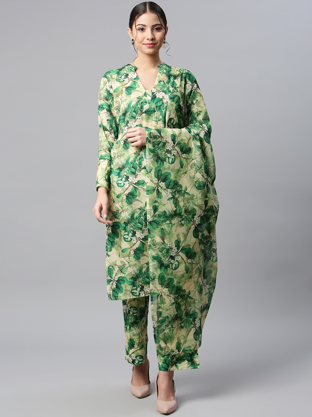 SHADES OF FAASHION Women Green Floral Printed Pure Cotton Kurta with Palazzos & With Dupatta