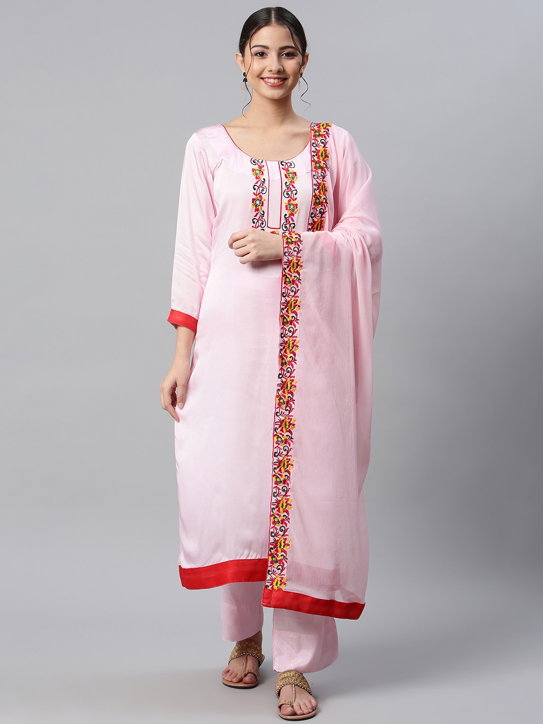 SHADES OF FAASHION Women Pink Chikankari Yoke Design Kurta with Palazzos With Dupatta