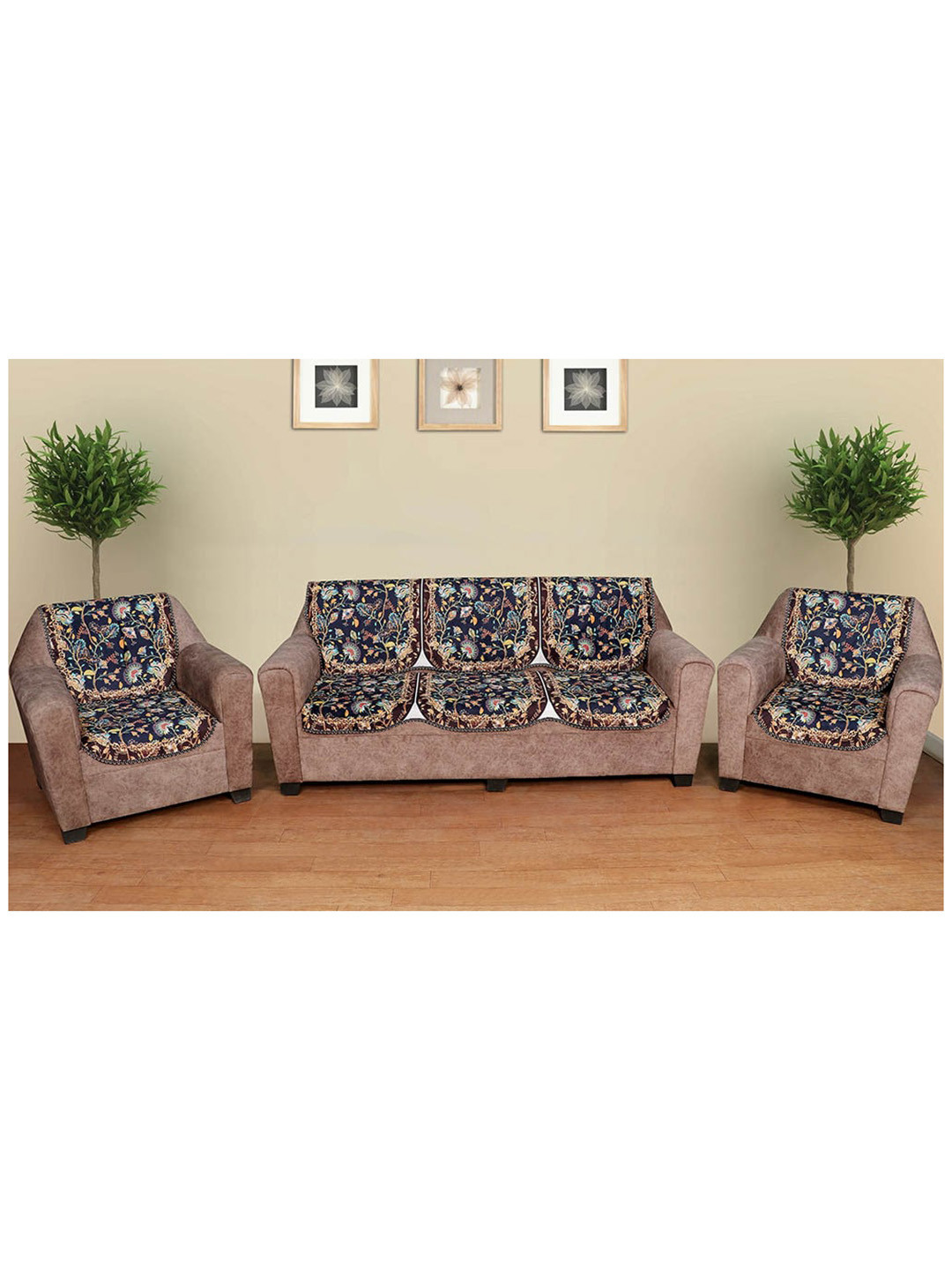 AAZEEM Blue & Brown Printed 5-Seater Sofa Cover