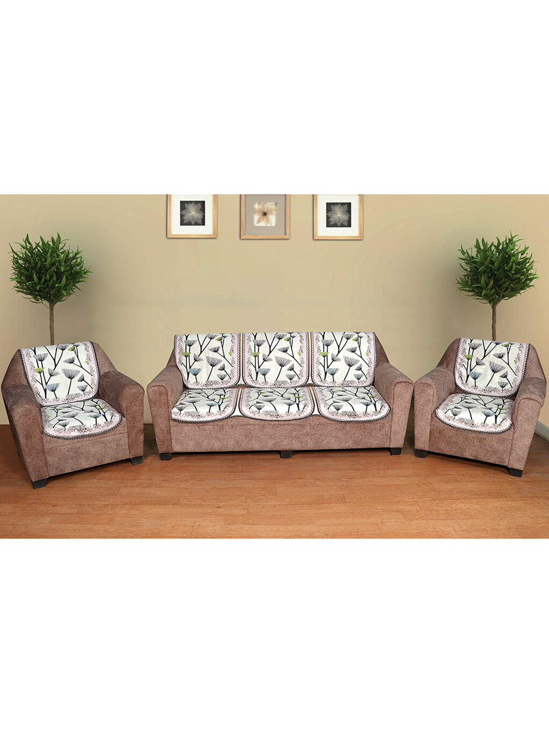 AAZEEM 5 Seater White Printed Sofa Covers