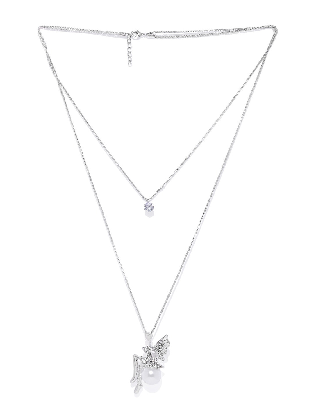 Mahi Silver-Toned & White Pearl Angel Wings Rhodium Plated Pendent Chain