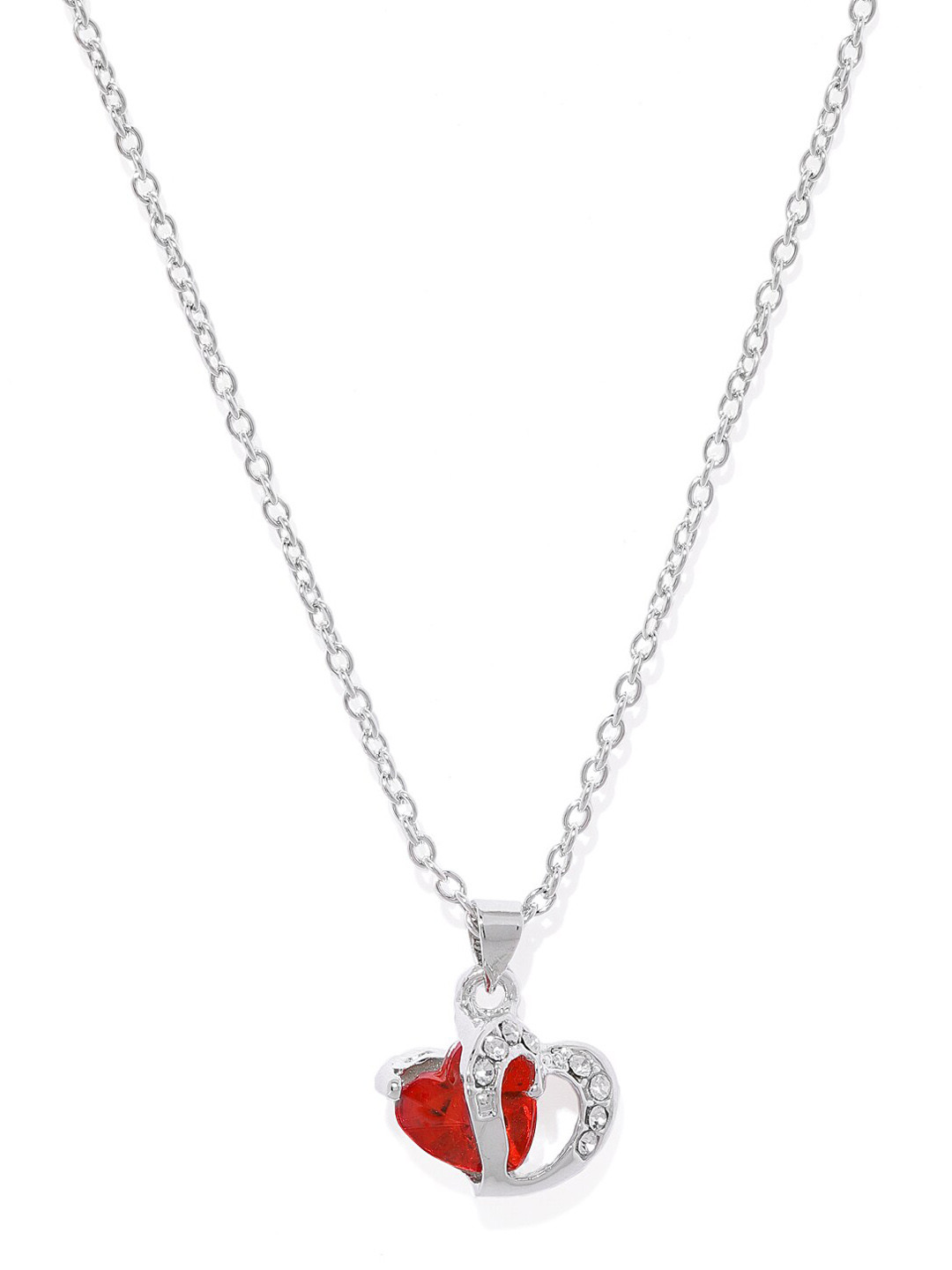 Mahi Silver-Toned Rhodium-Plated Red Crystal-Studded Heart Shape Pendant with Chain