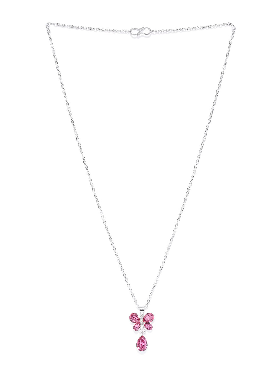 Mahi Rhodium-Plated Silver-Toned & Pink Crystal-Studded Pendant With Chain