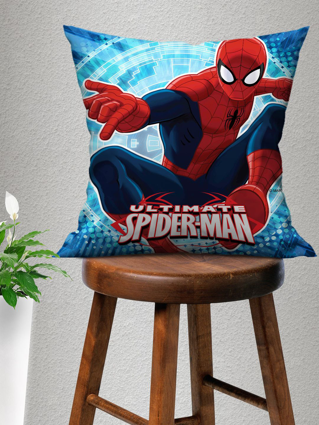 Marvel Spiderman Blue Cartoon Characters Polyester Anti-Wrinkle Cushion Cover -16x16In