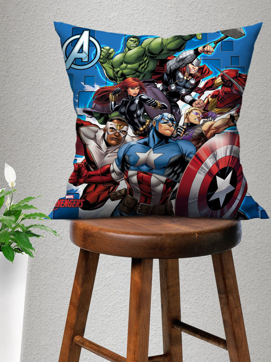 Marvel Avengers Blue Cartoon Characters Polyester Silk Anti-Wrinkle Cushion Cover -16x16In