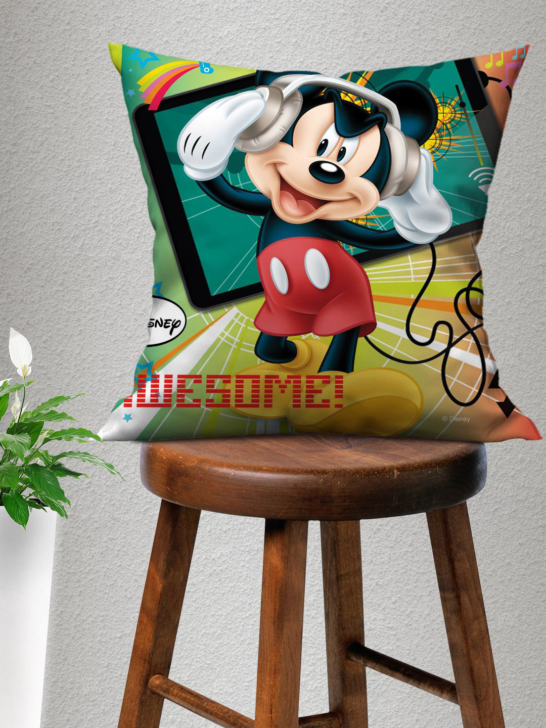 Disney Green & Red Mickey Mouse Printed Square Cushion Cover