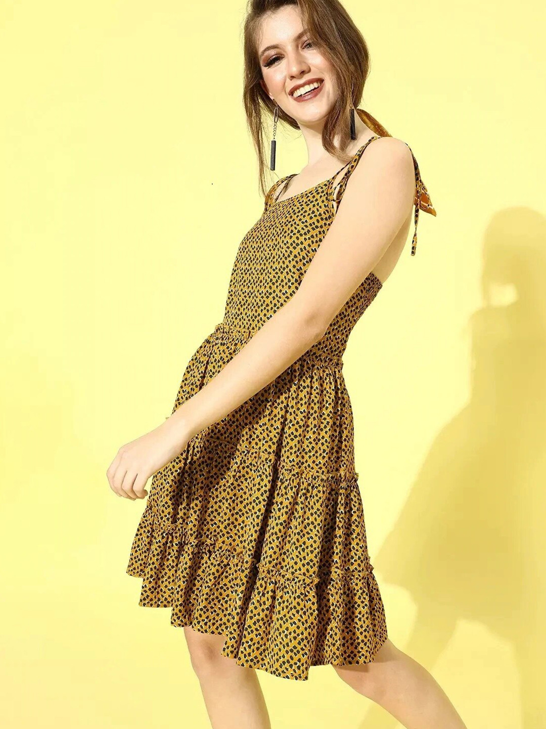 Berrylush Yellow & Black Animal Printed Tiered Fit & Flare Dress