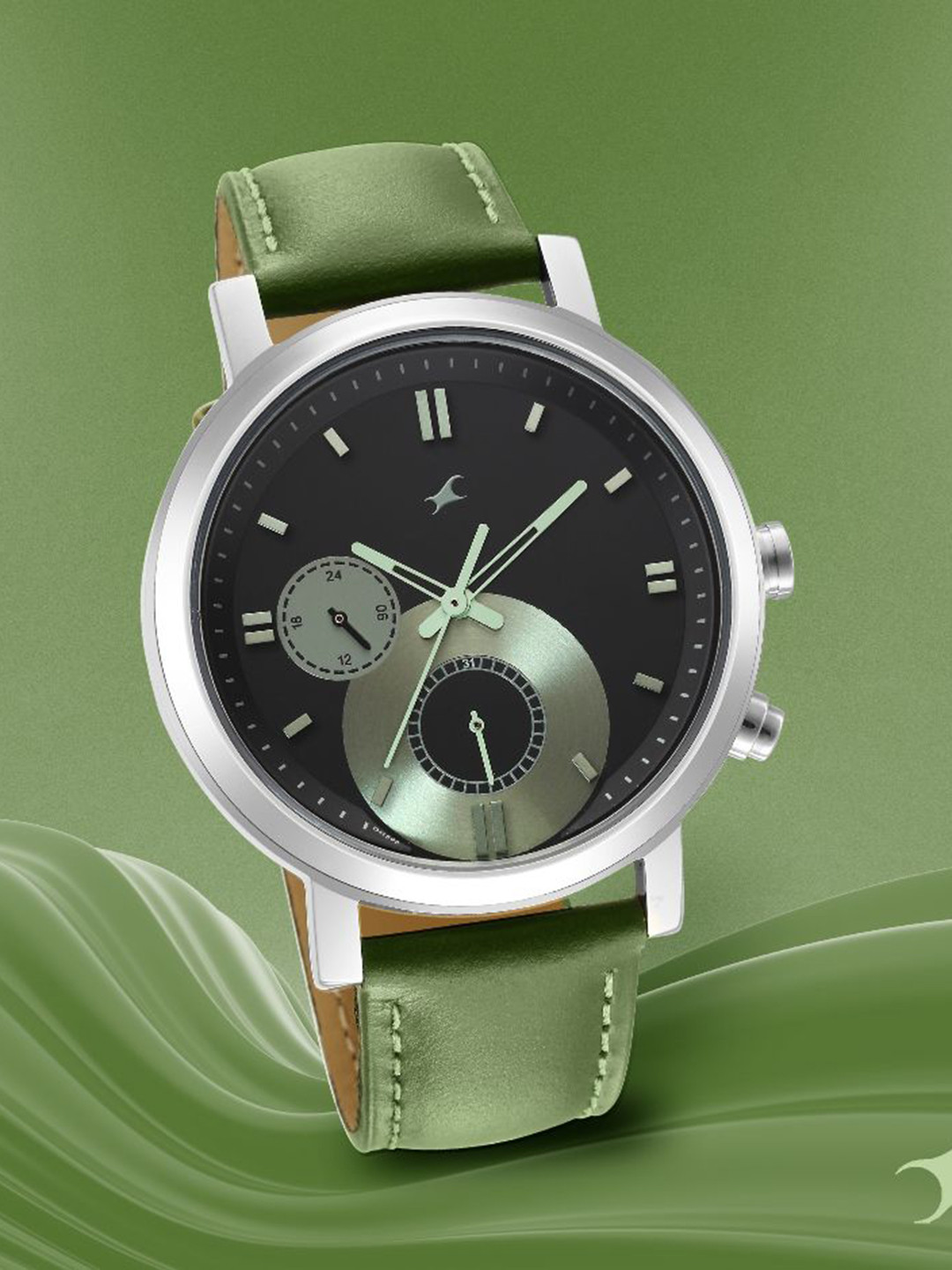 Fastrack Men Black Brass Dial & Green Leather Straps Analogue Wrist Watch