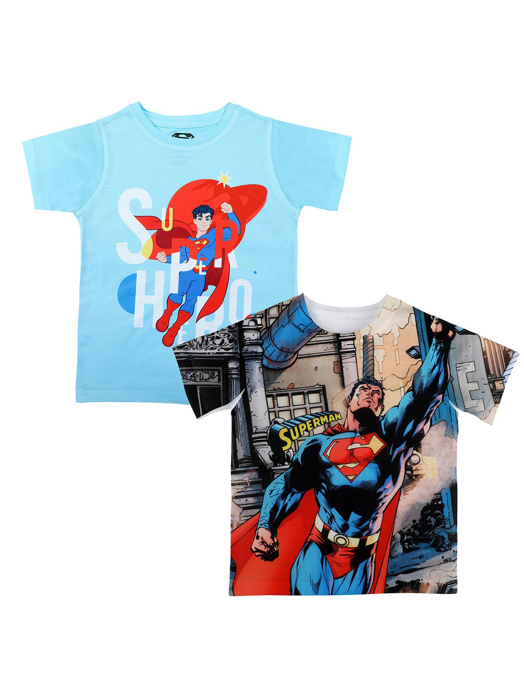 DC by Wear Your Mind Pack of 2 Boys Blue & Grey Superman Printed Cotton T-shirt