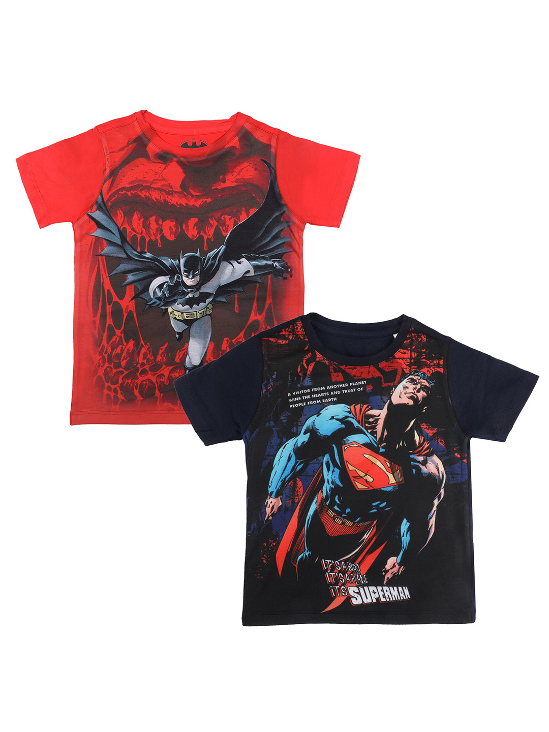 DC by Wear Your Mind Boys Pack of 2 Red & Navy Blue 2 Batman Printed T-shirts