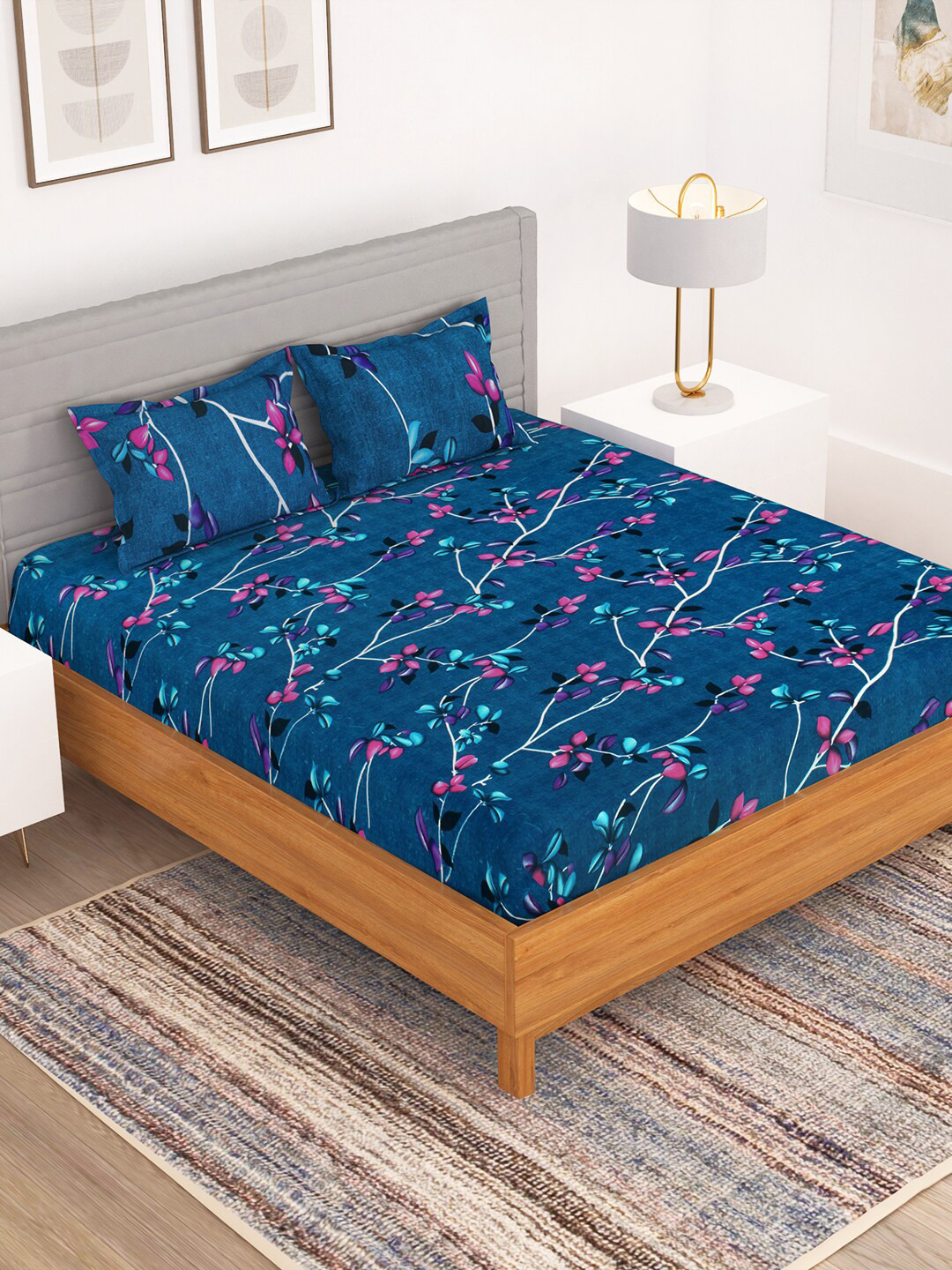 Bedspun Flora Blue Floral Polyester 150 TC Queen Bedsheet with 2 Pillow Covers-87 x 89 inches