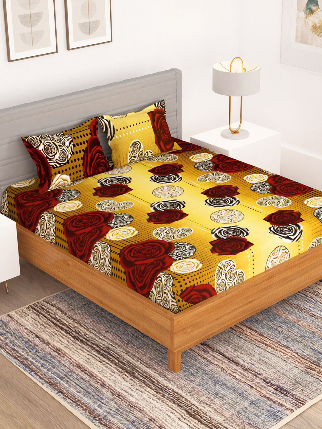 Bedspun Mustard Floral Polyester 150 TC Queen Bedsheet with 2 Pillow Covers-87 x 89 inches