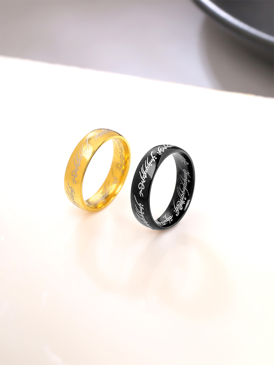 Yellow Chimes Men Set Of 2 Gold-Toned & Black Stainless Steel Lord of The Rings Finger Rings