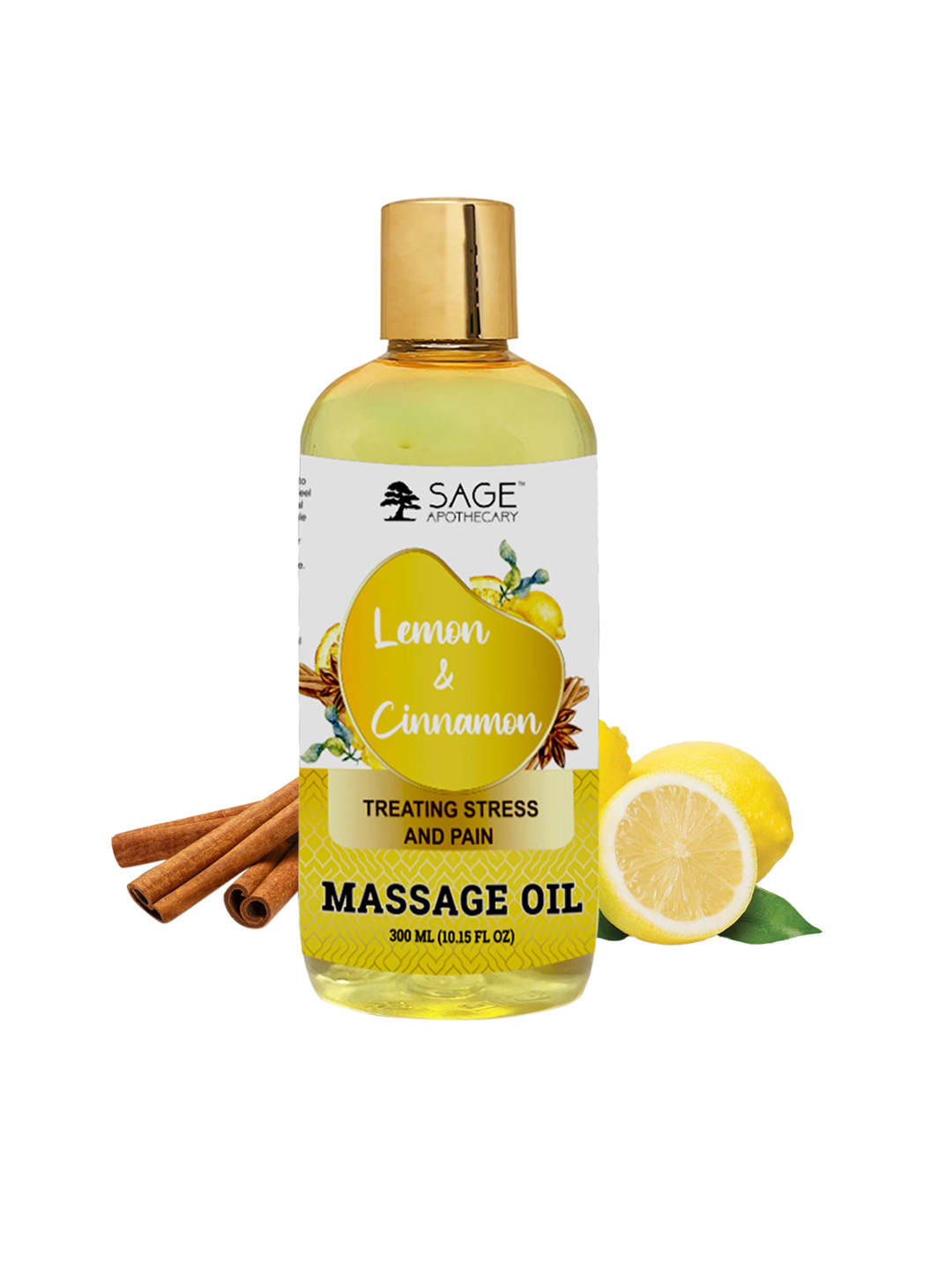 SAGE APOTHECARY Lemon Cinnamon Massage Oil - Treats Stress & Pain - 300ml