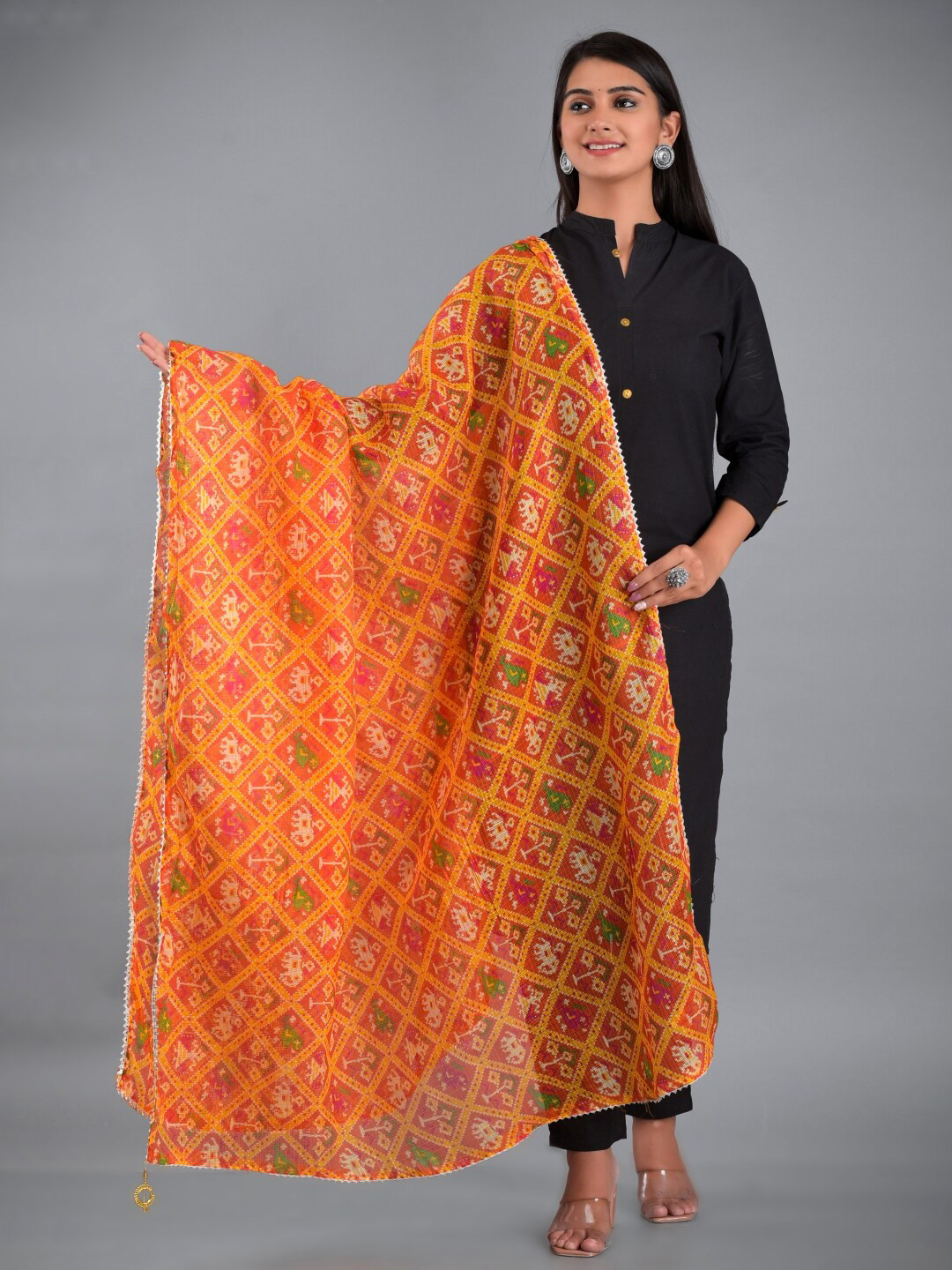 Apratim Women Orange & Green Ethnic Motifs Printed Ikat Dupatta