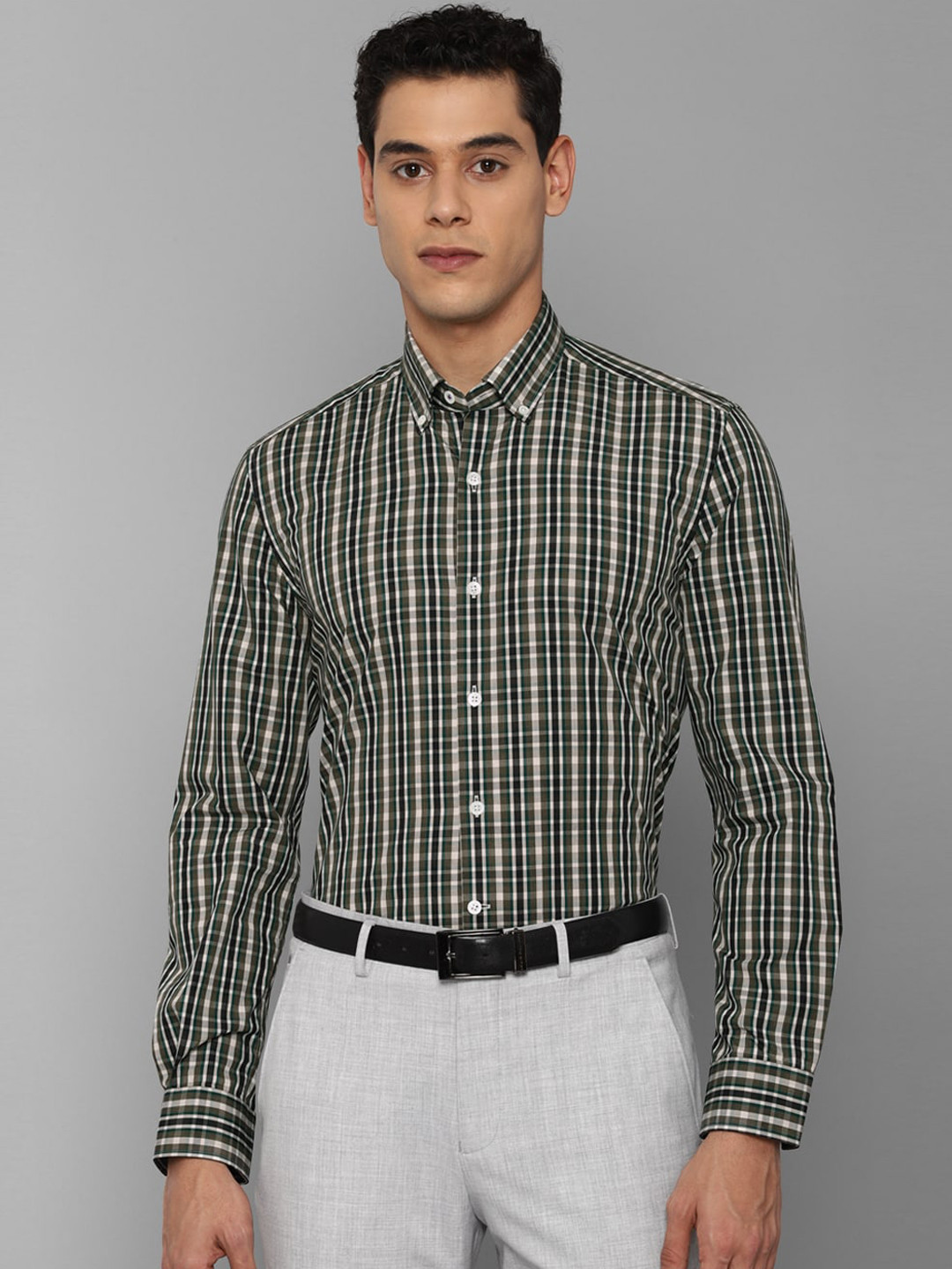 Luxure by Louis Philippe Men Olive Green Slim Fit Checked Cotton Formal Shirt