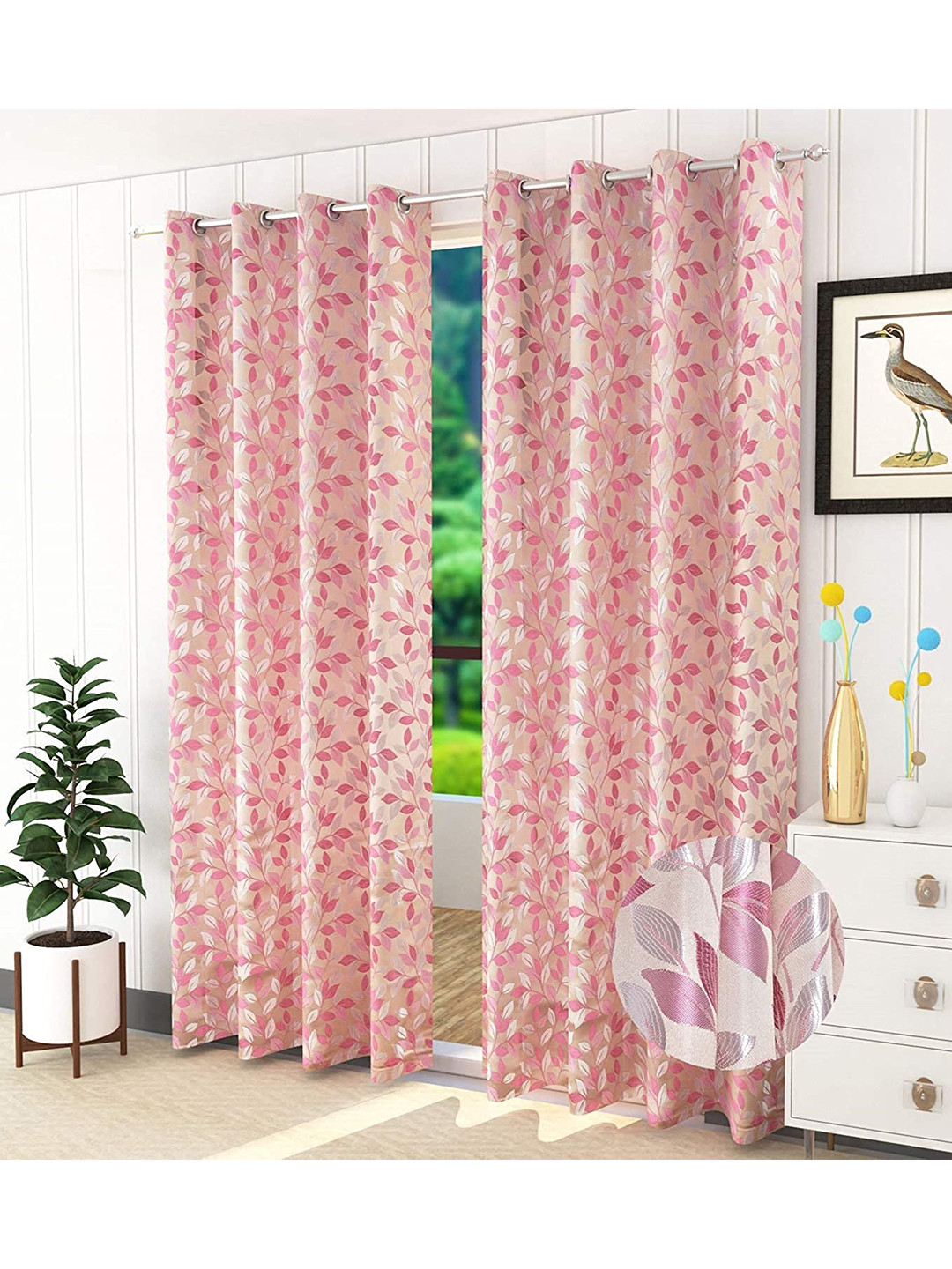 Fresh From Loom Pack of 2 Pink & Beige Room Darkening Long Door Designer Curtains