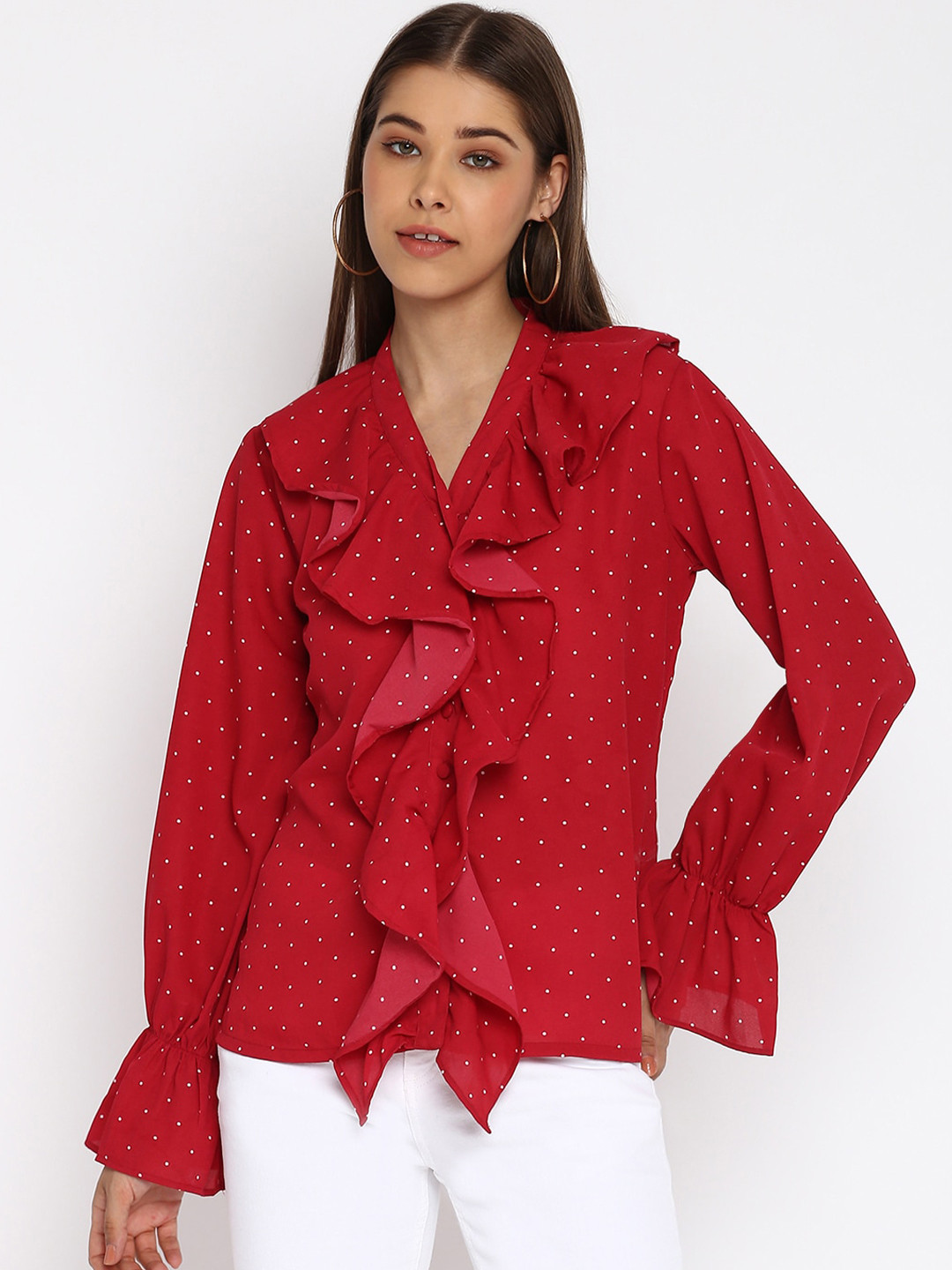 Mayra Red Printed Ruffles Velvet Top