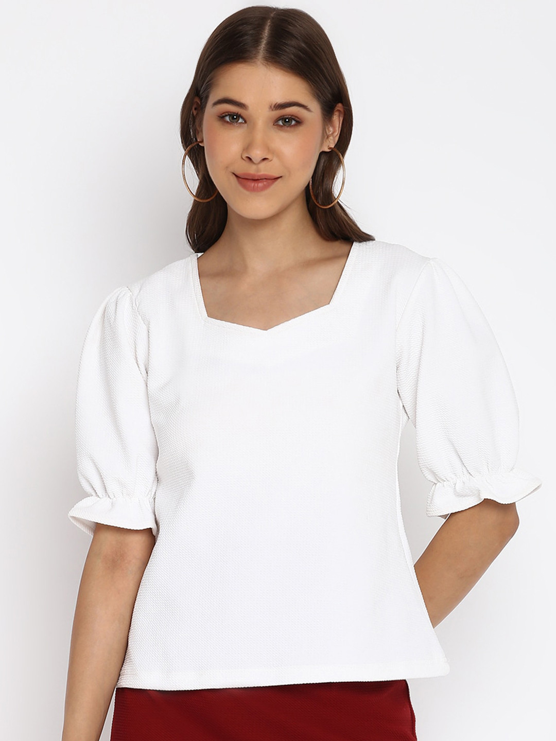 Mayra White Sweetheart Neck Bishop Sleeves Velvet Top