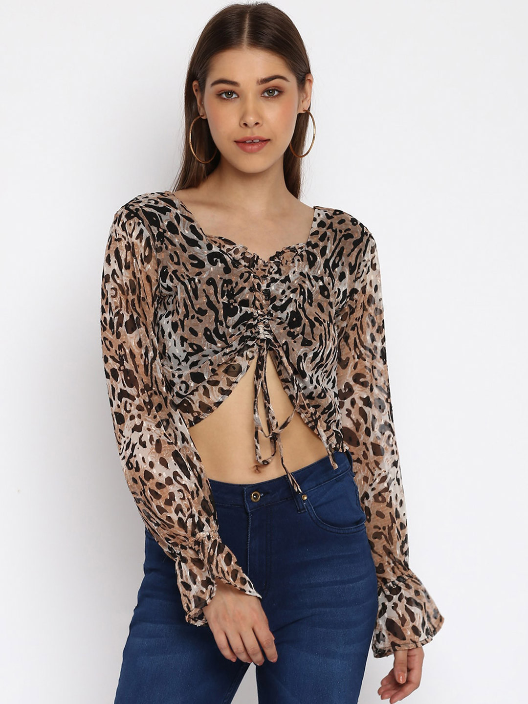 Mayra Brown Animal Print Sweetheart Neck Bishop Sleeves Georgette Crop Top