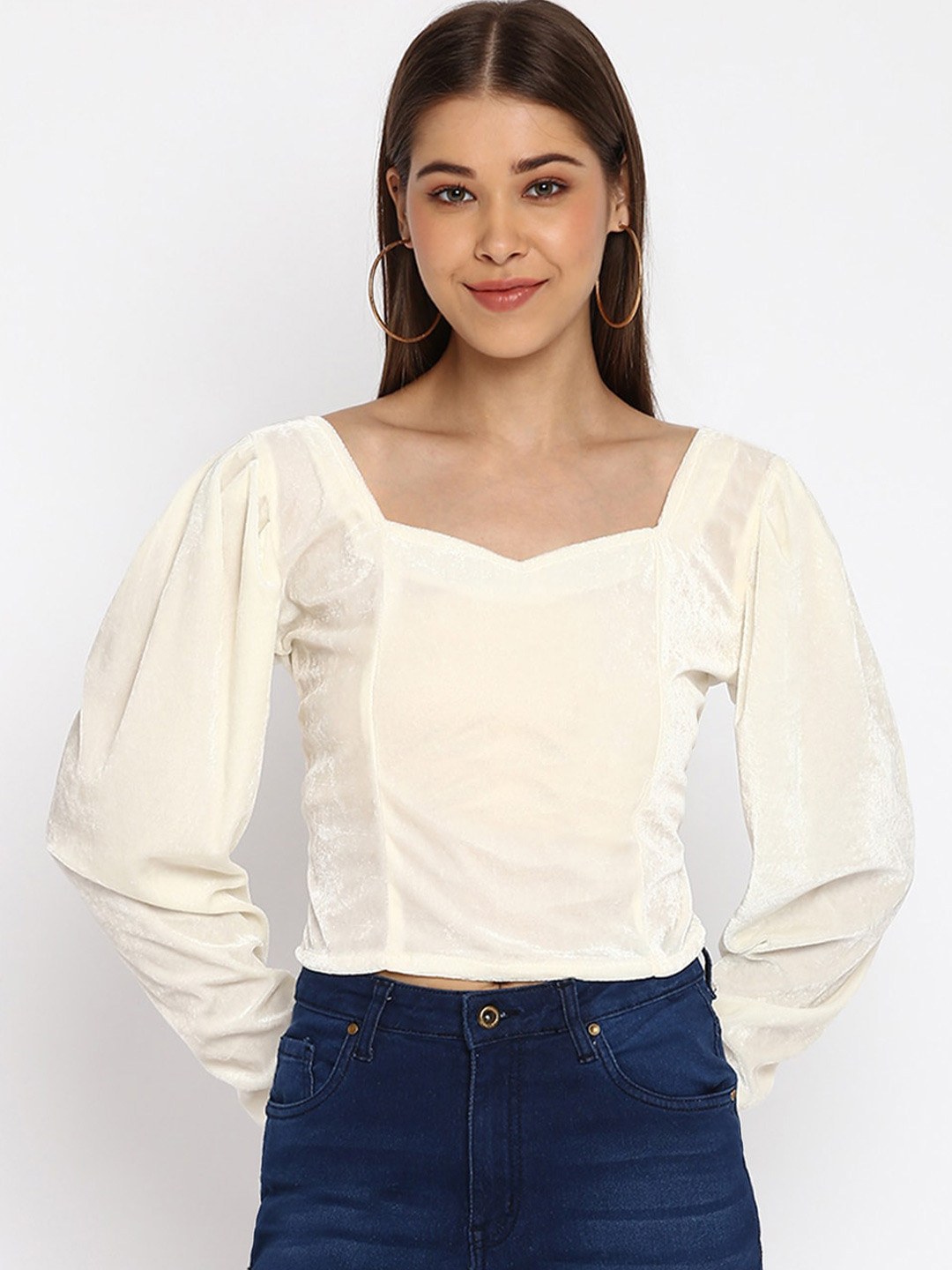 Mayra Off White Sweetheart Neck Velvet Crop Top