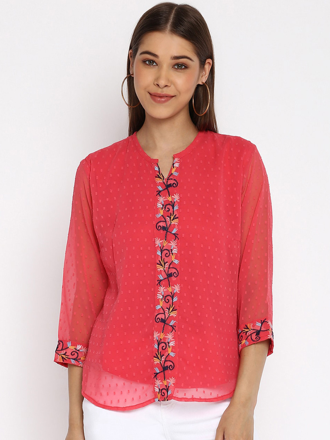 Mayra Pink Mandarin Collar Georgette Shirt Style Top