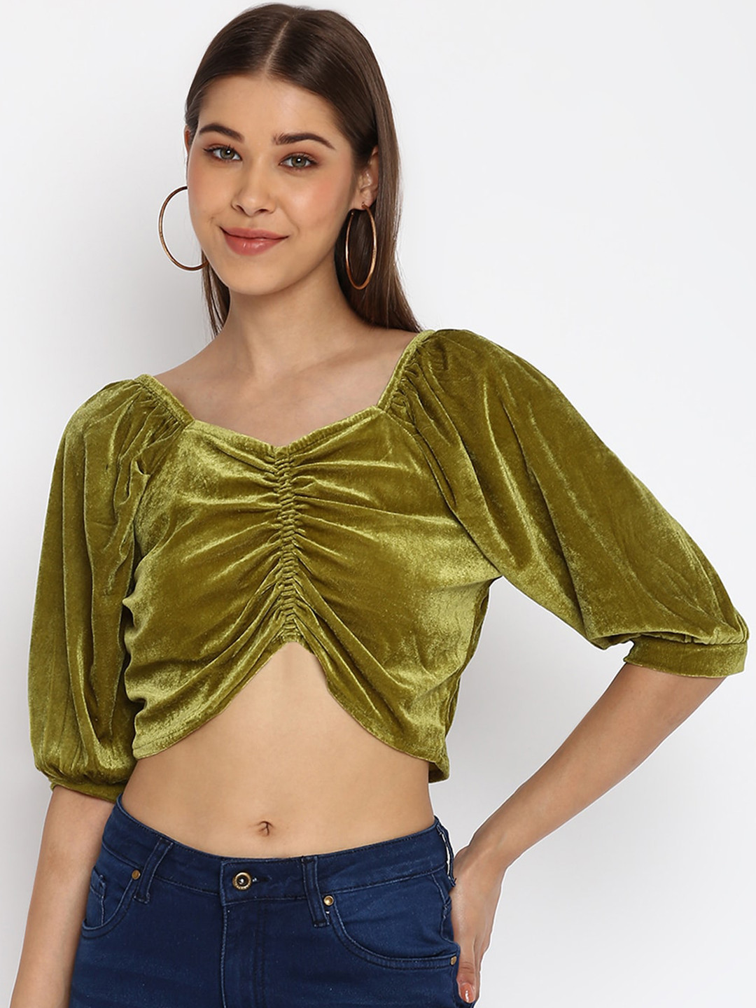 Mayra Olive Green Velvet Crop Top