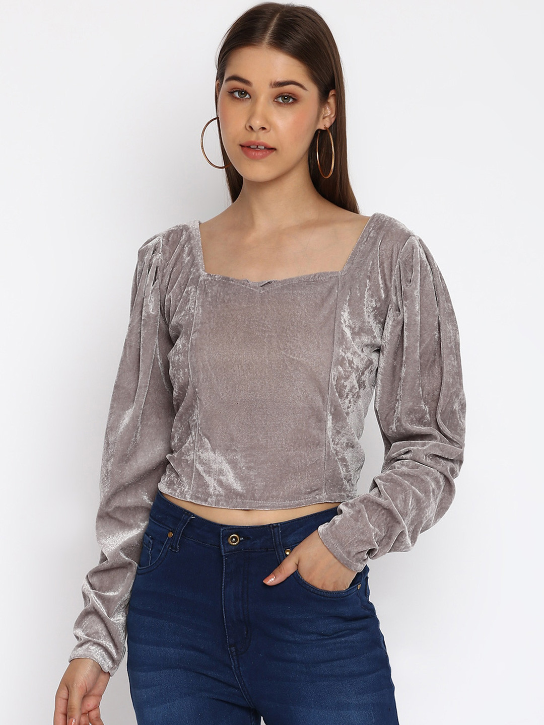 Mayra Grey Velvet Bardot Crop Top