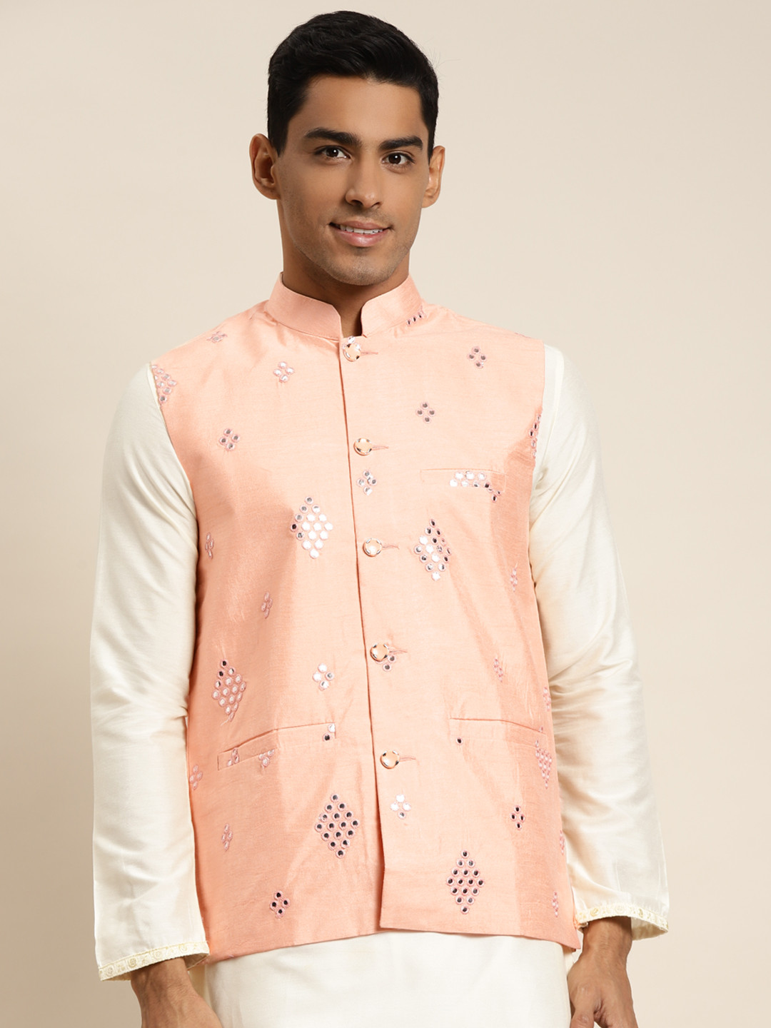 SOJANYA Men Peach Mirror Work Nehru Jacket