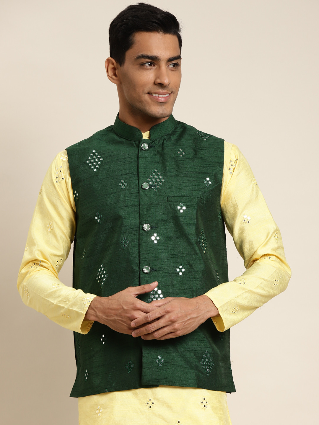 SOJANYA Men Dark Green Mirror Work Nehru Jacket