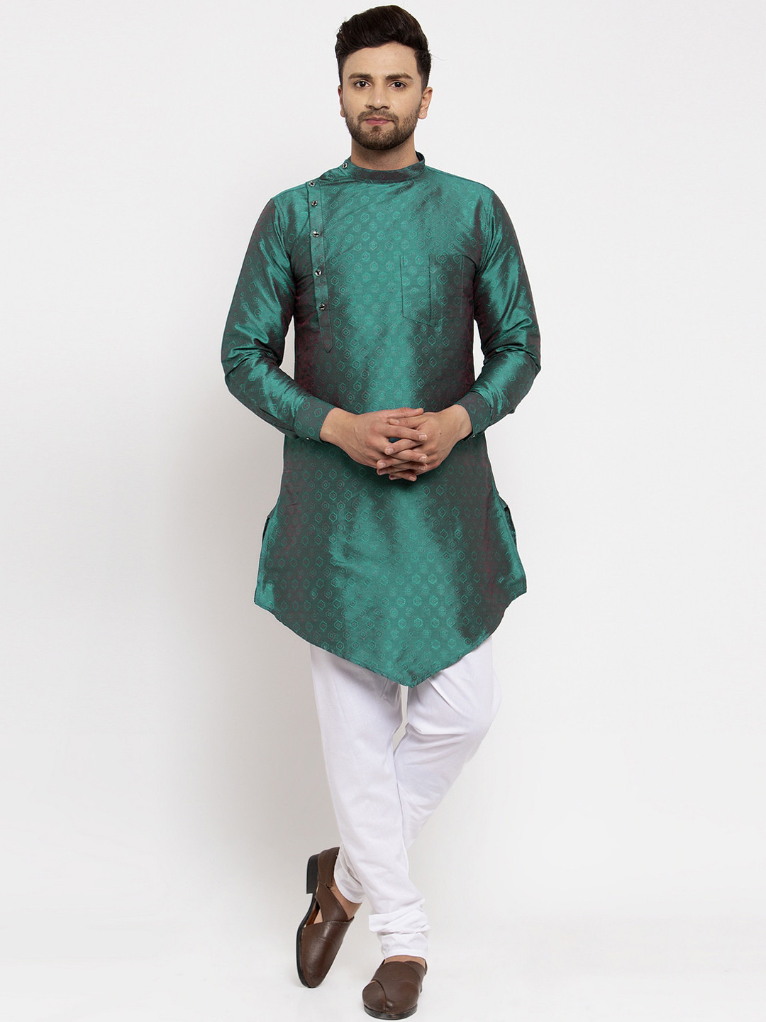 KLOTTHE Men Green Solid Asymmetric Woven Design  Kurti with Churidar