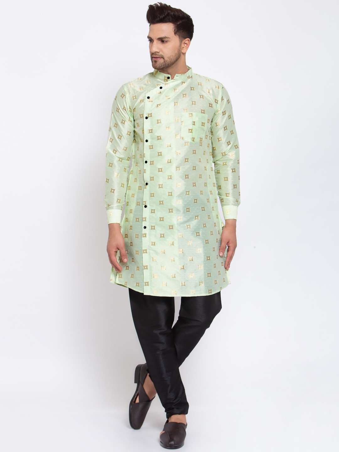 KLOTTHE Men Green & Black Ethnic Motifs Printed Angrakha Kurta with Churidar