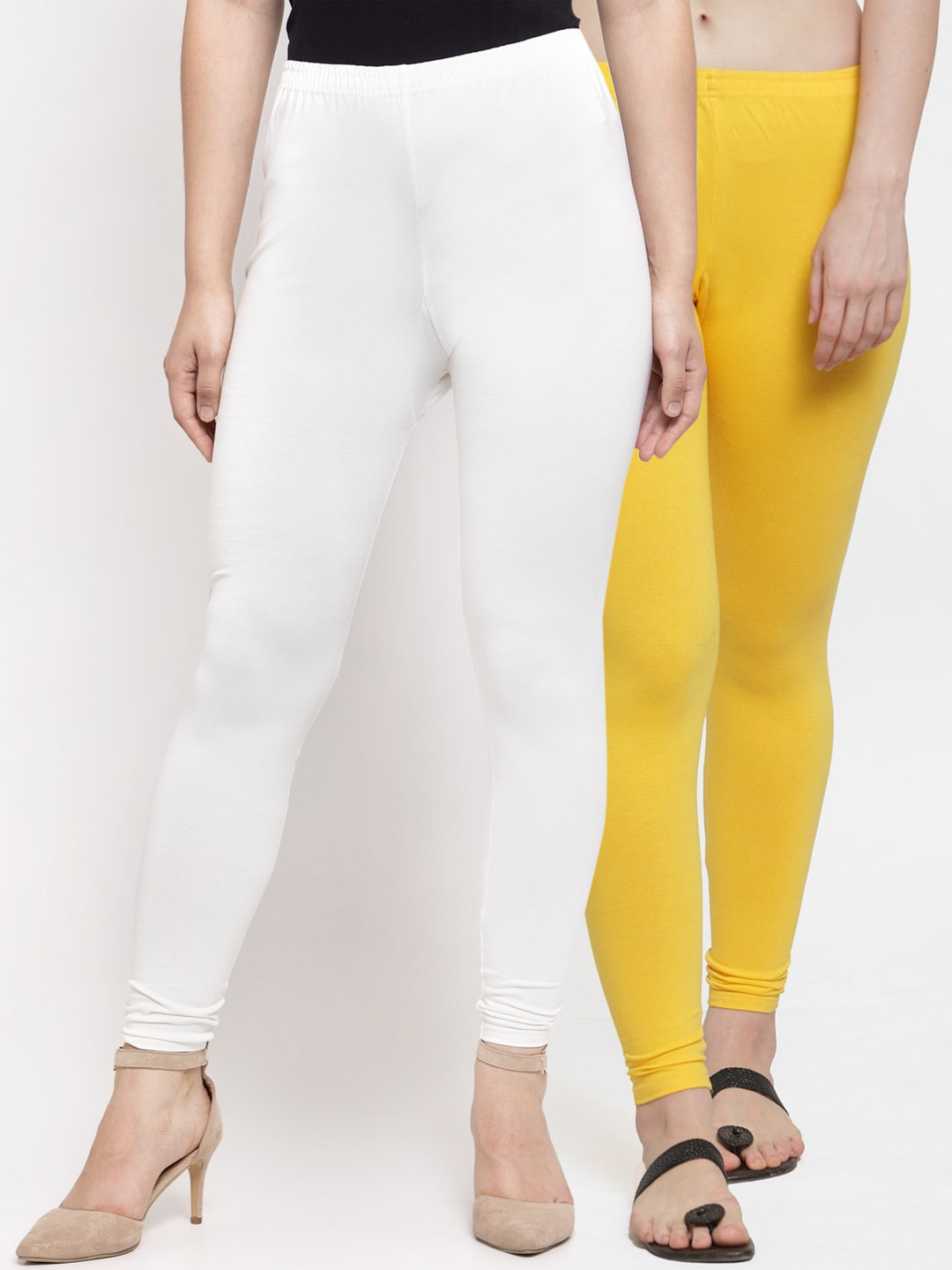 Jinfo Women White & Yellow Solid Churidar-Length Leggings