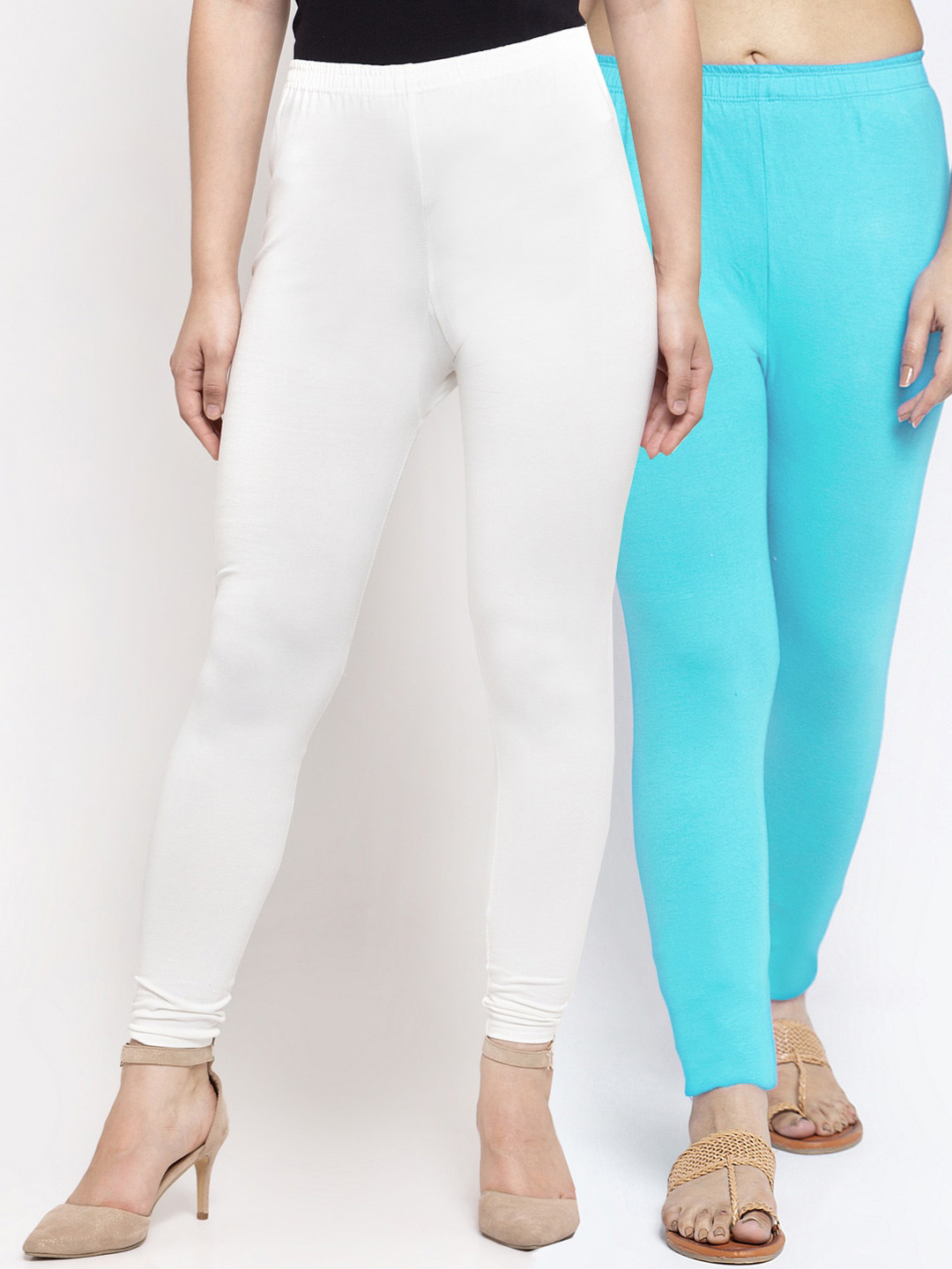 Jinfo Women White & Aqua Blue Pack Of 2 Solid Ankle Length Leggings