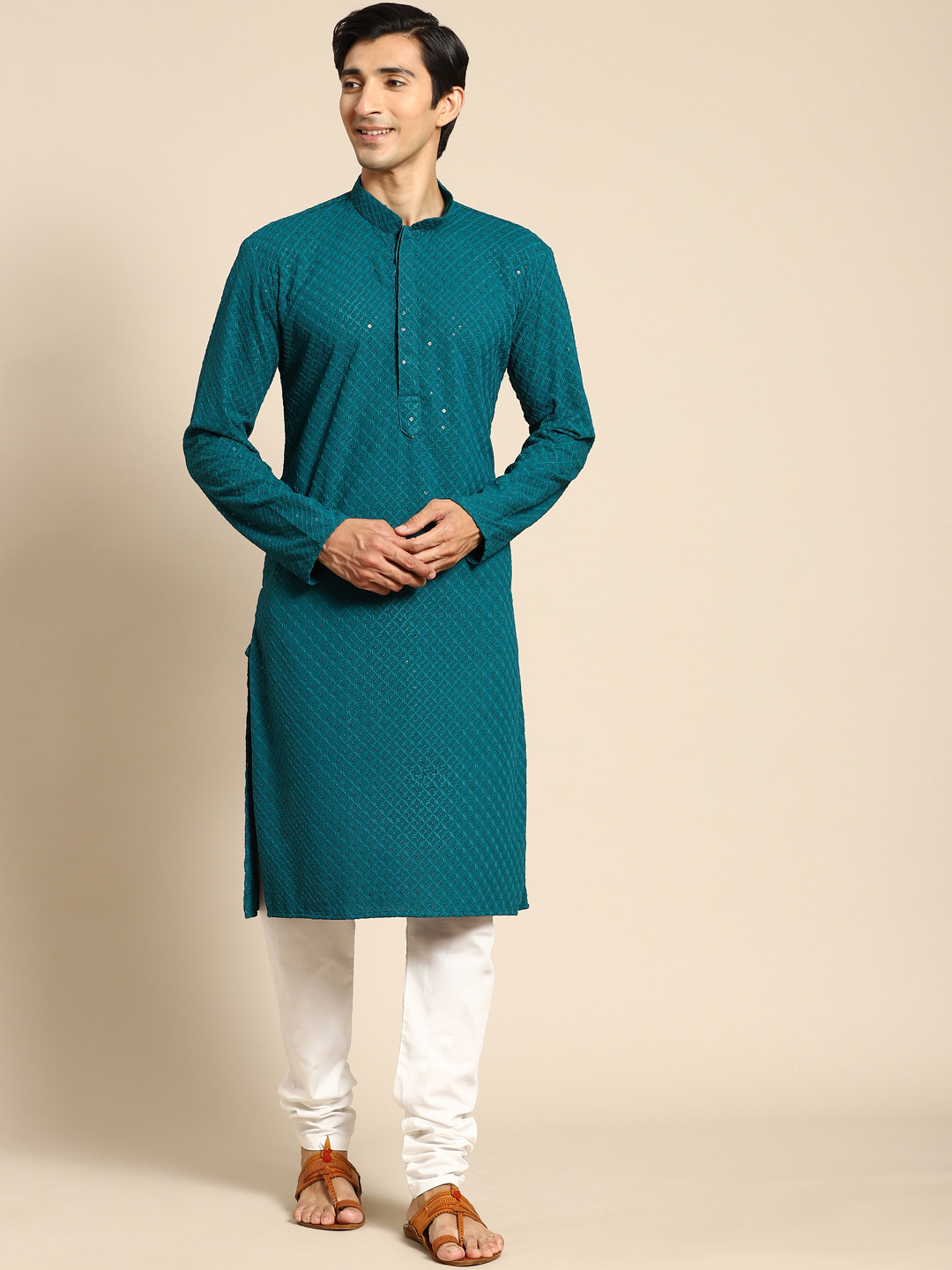 RAJUBHAI HARGOVINDAS Men Teal Blue Embroidered Chikankari Kurta