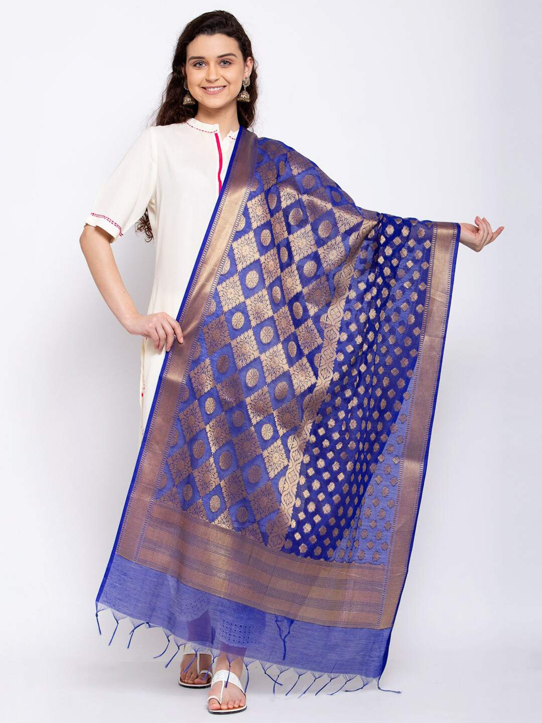 KLOTTHE Blue Paisley Woven Design Dupatta with Thread Work