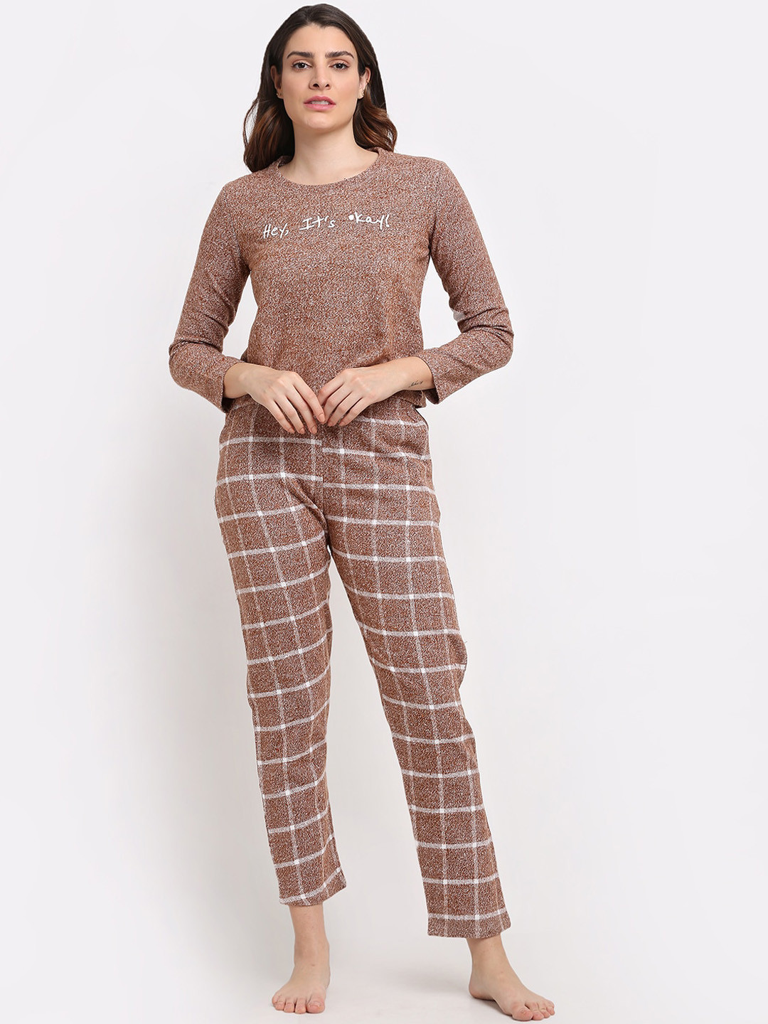 Kanvin Women Brown & White Printed Pure Cotton Night Suit