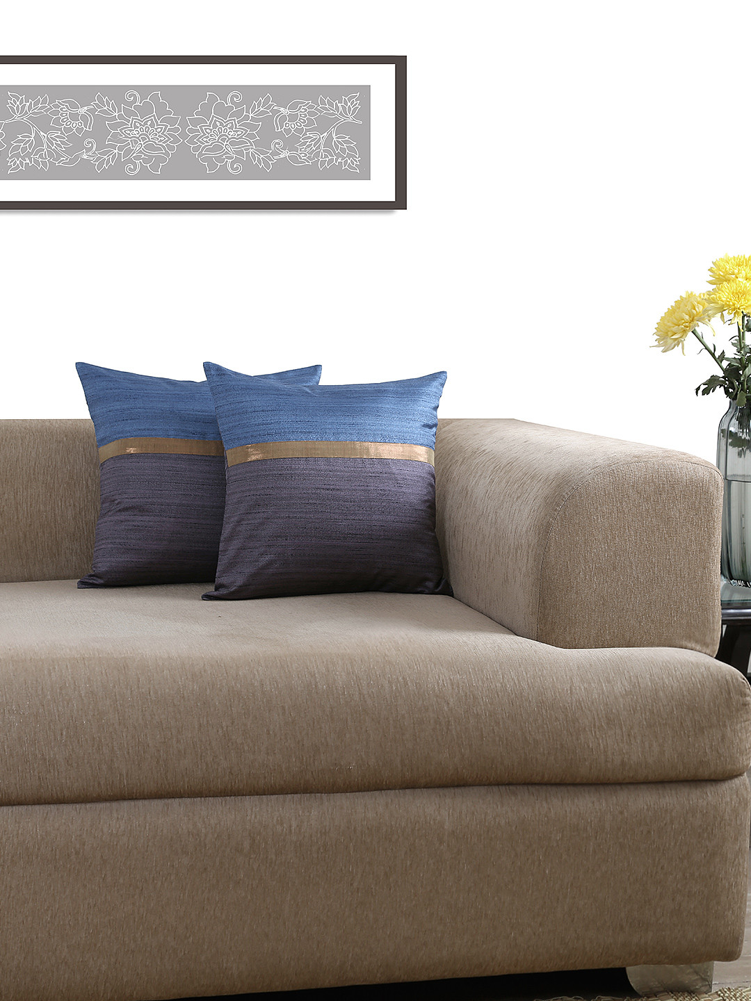 ANS Blue Colourblocked Polyester Silk Breathable 2 Pcs Patchwork Cushion Covers -16x16In