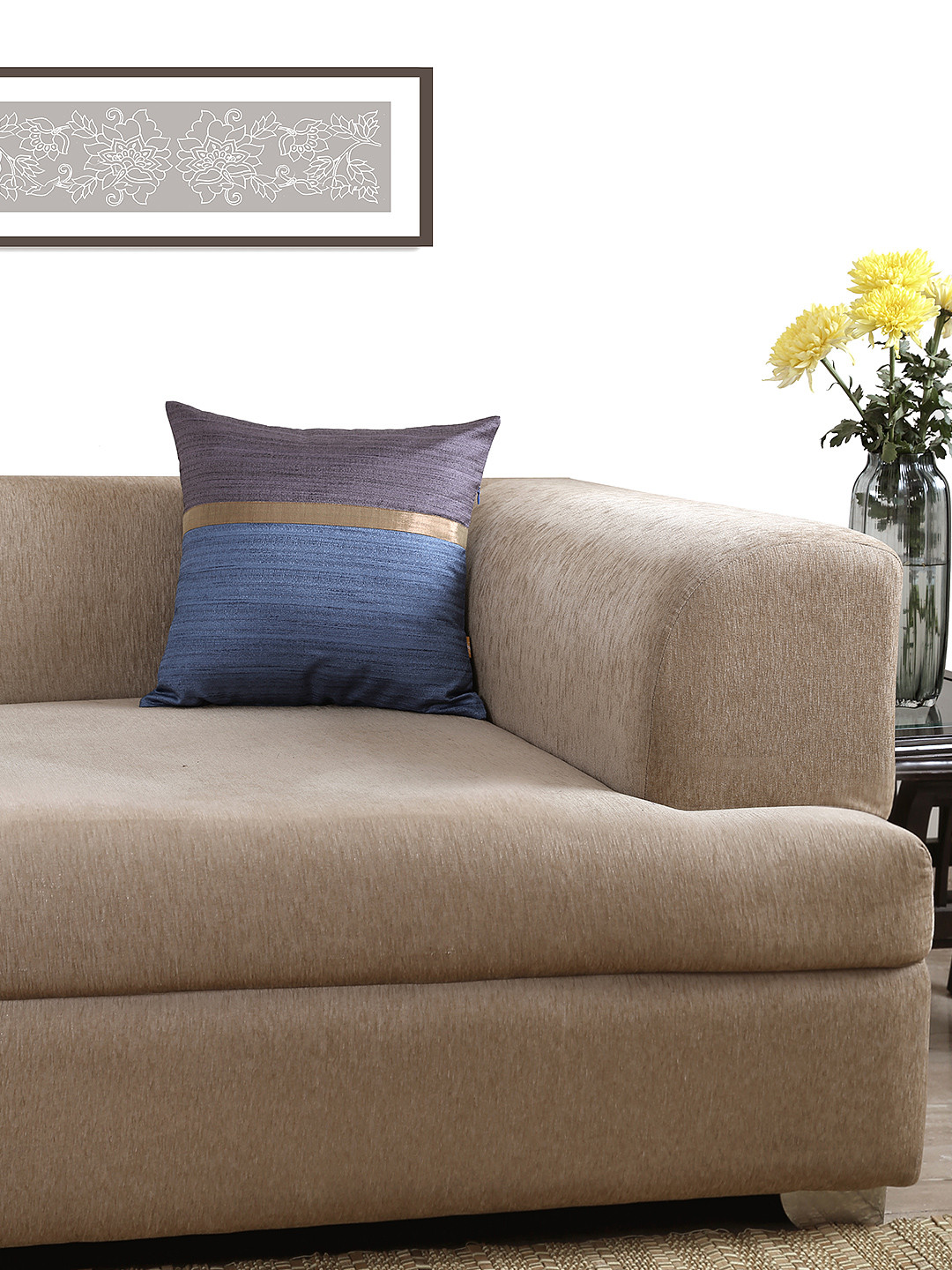 ANS Blue Colourblocked Polyester Washable Patchwork Square Cushion Cover -16x16In