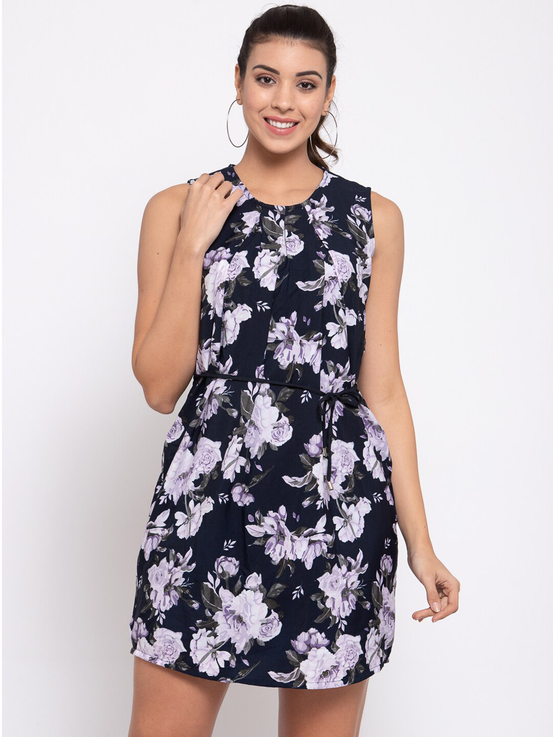 KLOTTHE Blue Floral Round Neck Sleeveless Chiffon A Line Dress