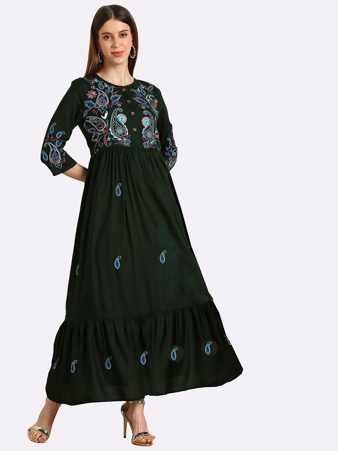 shashvi Olive Green Ethnic Motifs Embroidered Thread Work Thread Work Anarkali Kurti