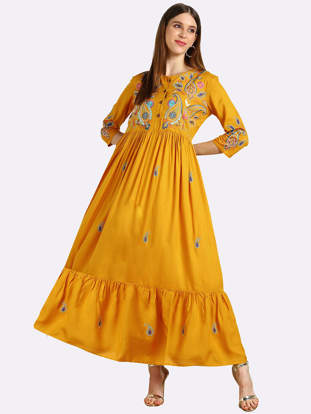 shashvi Women Mustard Yellow & Mustard Yellow Paisley Embroidered Thread Work Thread Work Anarkali Kurti
