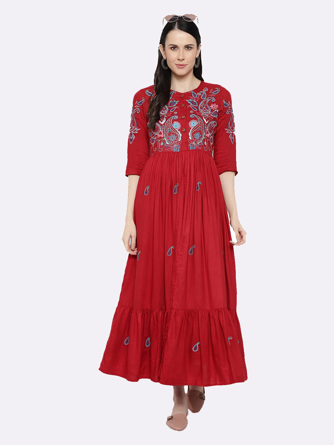 shashvi Women Maroon & Maroon Paisley Embroidered Thread Work Anarkali Kurta