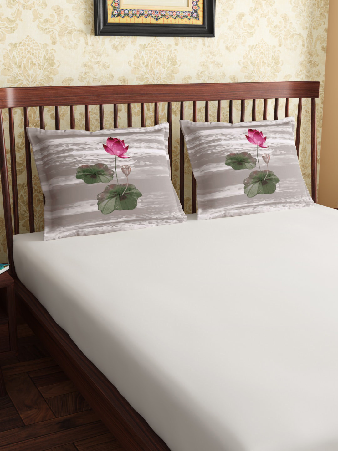 PETAL HOME Set Of 2 Beige & Pink Printed Lotus Pure Premium Combed Cotton Pillow Covers