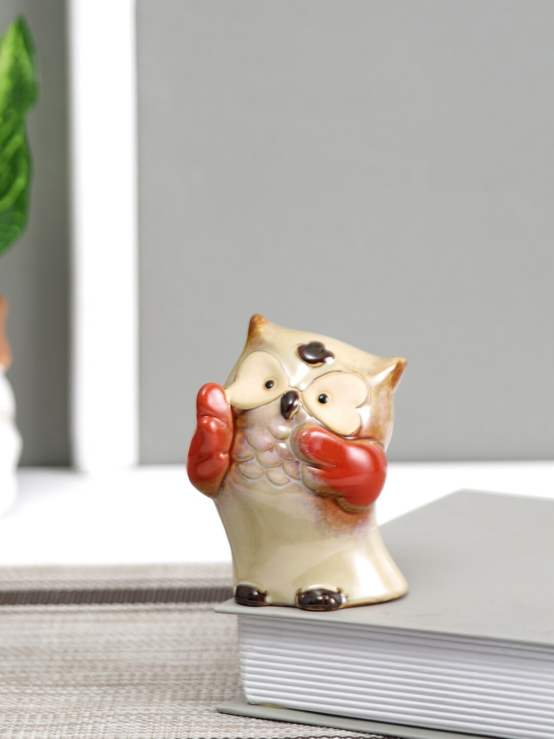 TAYHAA Dancing Red Perky Owl Red Ceramic Matte Living Room Small Showpiece - 3.9 Inches