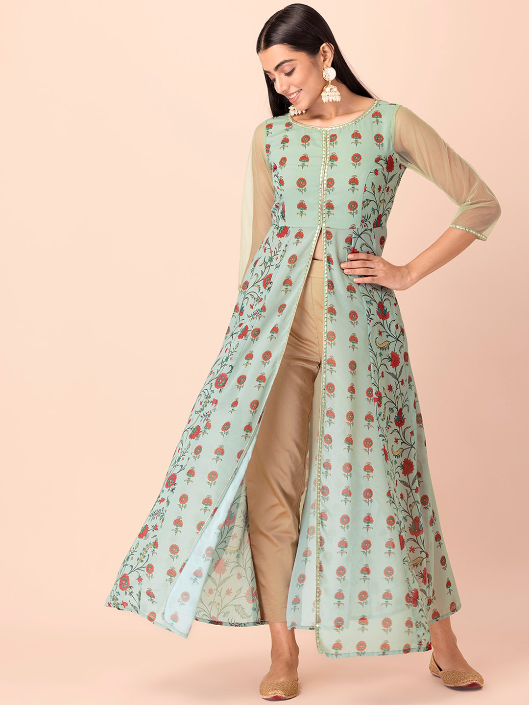 Rang by Indya Women Green & Red Ethnic Motifs Printed Georgette A-line Kurta